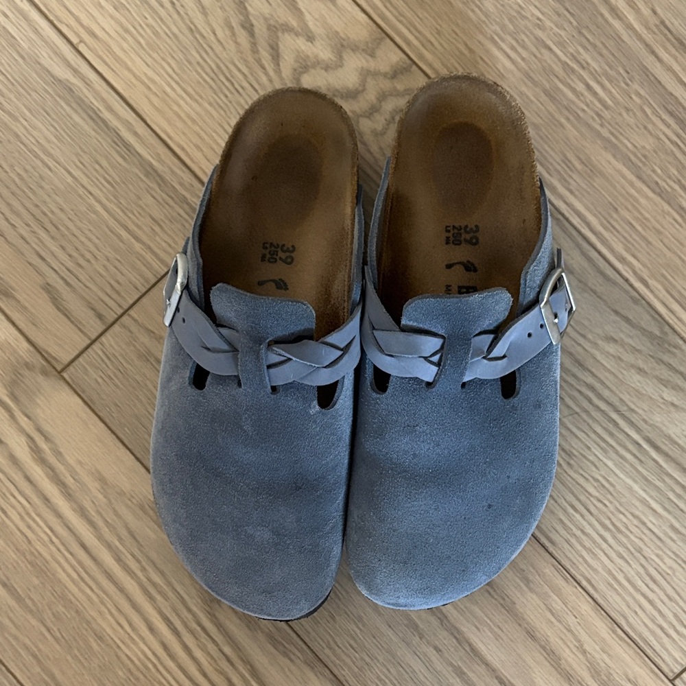 Birkenstock Blue Suede Clogs with Buckle
